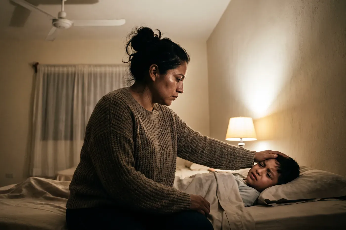Una madre sentada en la orilla de la cama, de madrugada, con la mano en la frente de su hijo que está acostado con fiebre. La única luz es la de una lámpara de buró.