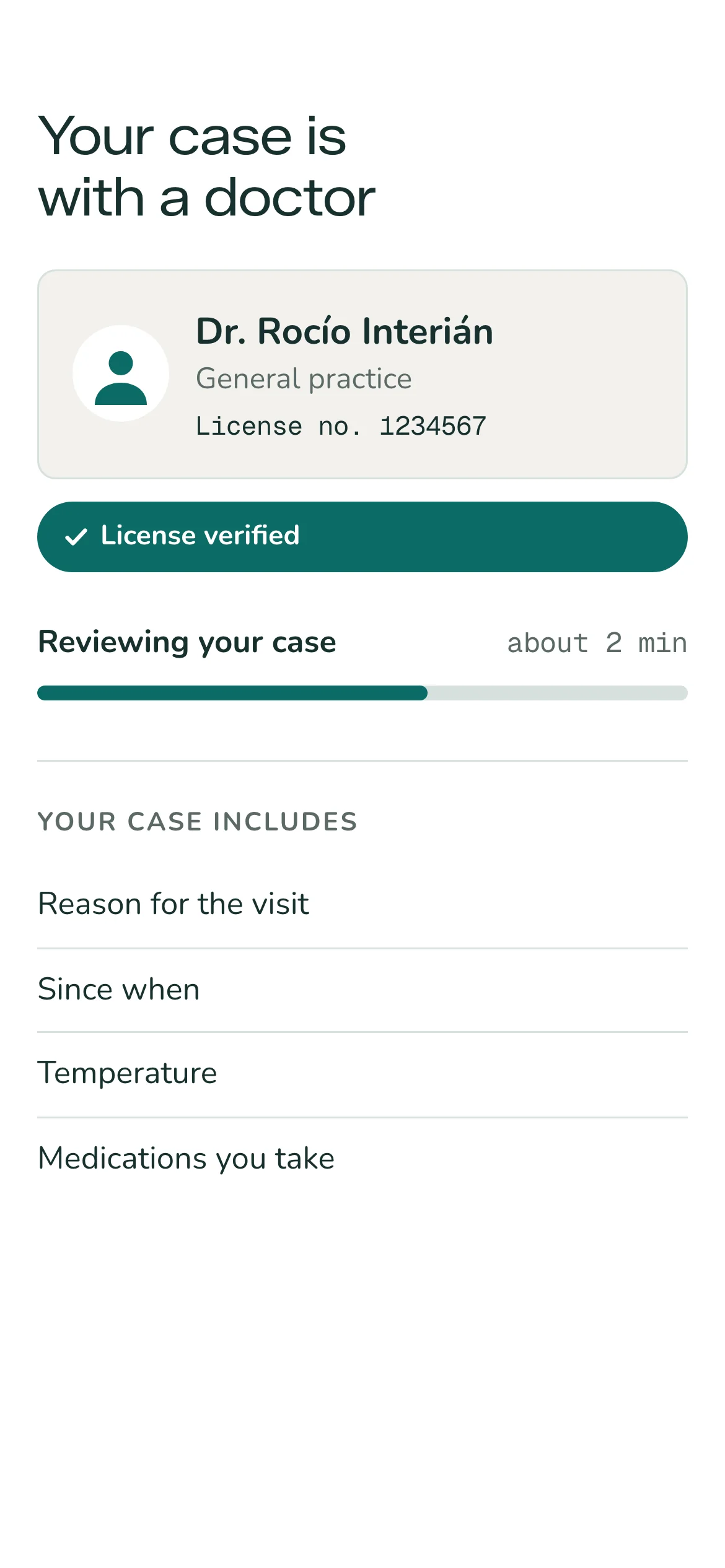 Waiting screen: the case is now with a general practitioner, her professional license shown and marked as verified, and below it the list of what the doctor already received from the patient.