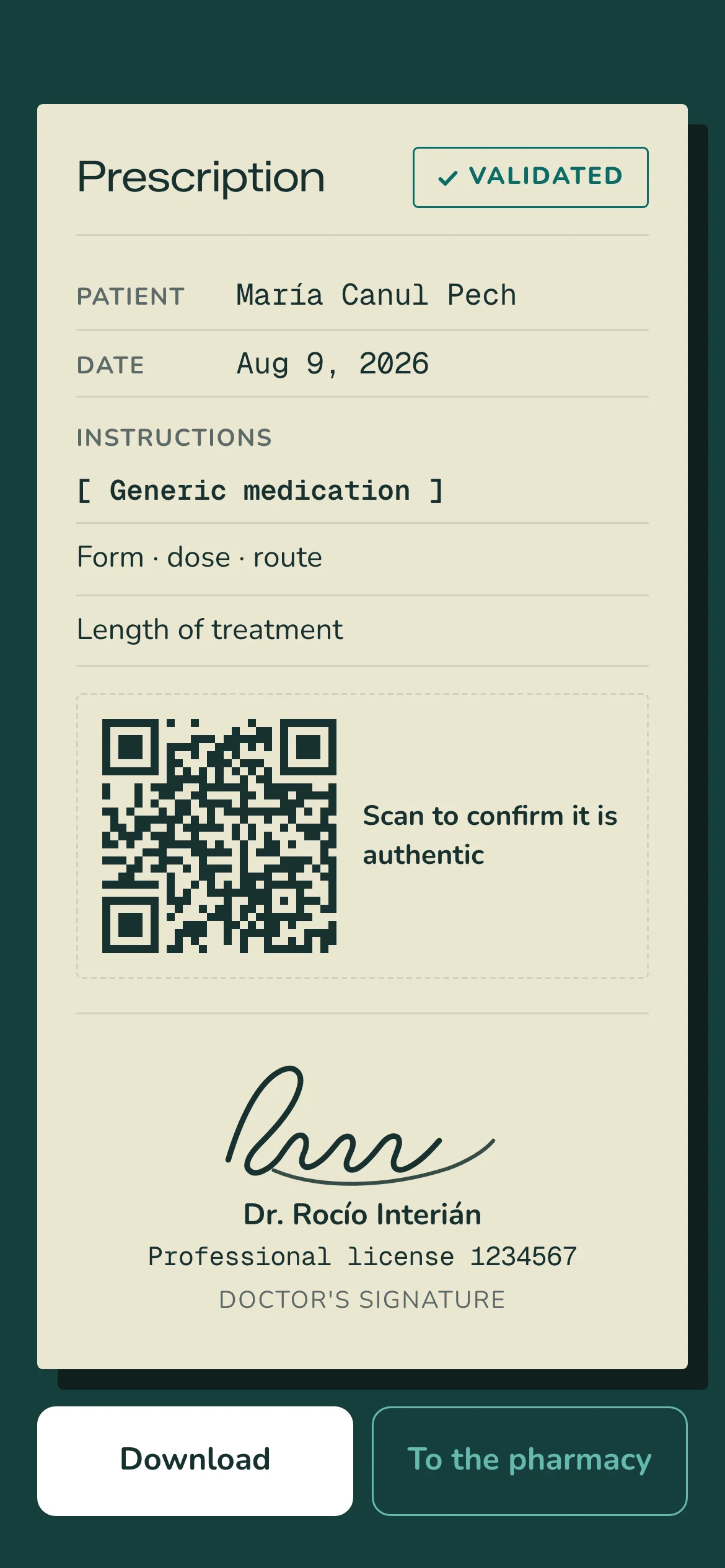 A prescription on screen, marked as validated, with the patient's name, the instructions, a large QR code to confirm it is authentic, and at the bottom the doctor's signature with their professional license.